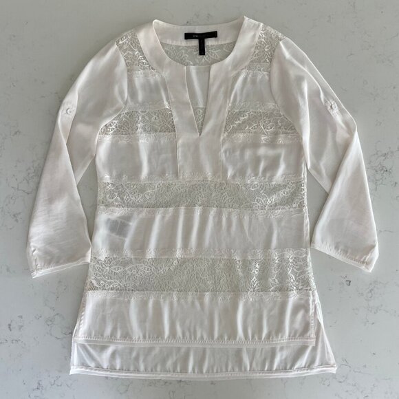 BCBGMaxAzria Erid Gardenia VNeck Lace Top Adjustable Sleeve Cream Sz XS NWOT - Picture 2 of 16